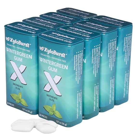 XyloBurst Gum | Xylitol Chewing Gum | Sugar Free, Gluten Free, Keto Friendly | Aspartame Free Gum For Oral Health | Winter Green | 24 Pieces (Pack of 8)