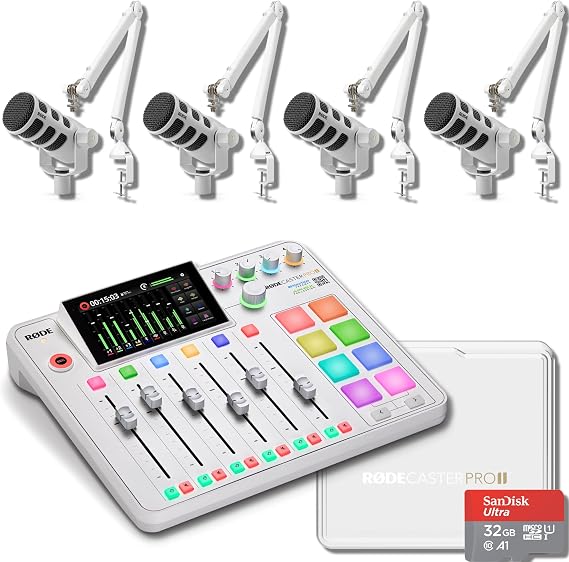 Rode RODECaster Pro II Podcast Console (White) with 4x White Rode Podmic Dynamic Podcast Microphones, PSA1+ Microphone Boom Arms, Rodecaster Pro II Cover, XLR Cable and 32GB microSD Card