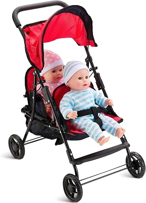 Hushlily Tandem Double Doll Stroller with Adjustable Canopy & Basket, Foldable, with Smooth Rolling Wheels Red & Blue