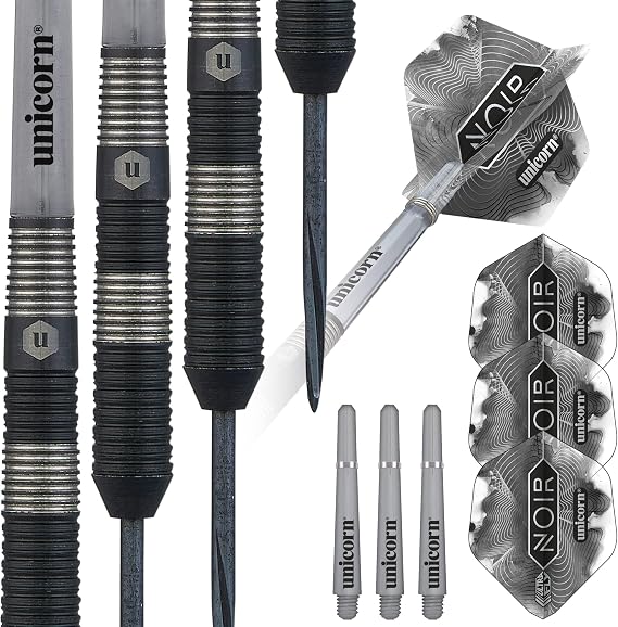 ‎Unicorn Steel Tip Darts Set - Noir - 90% Tungsten Barrels with Black Titanium Coating & Black Volute Points - 21 g, 22 g, 23 g, 24 g, 25 g or 26 g