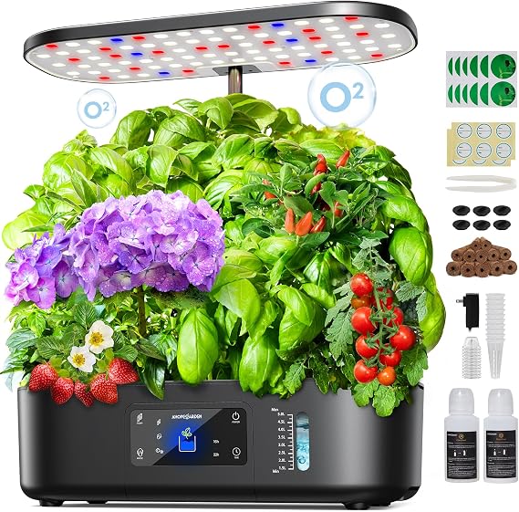 Ahopegarden Hydroponics Growing System Kit: 12 Pods with LCD Control Panel | Indoor Herb Garden with Grow Light, Planting Height Up to 17", Grow Harvest Fresh Veggie Lettuce for Beginner Gardeners Black
