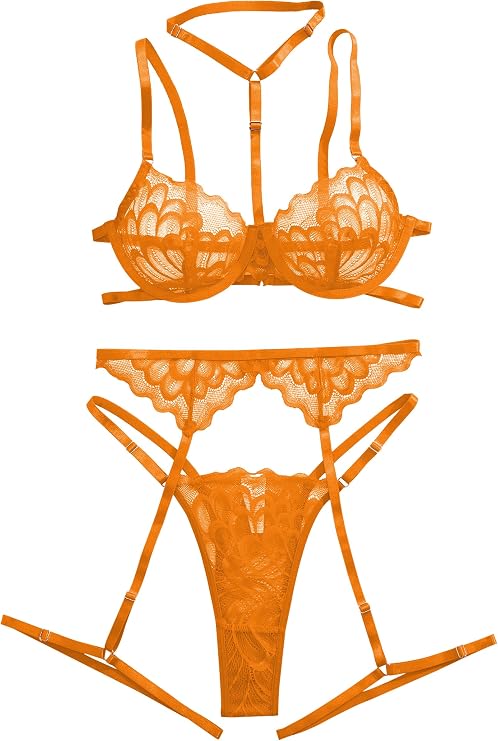 Lingerie Sets For Women Sexy Choker Floral Lace Underwire Push Up Garter Belt Exotic Bra And Panty 3 Piece
