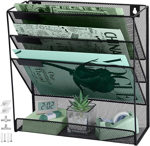 4 Tier A4 Mesh Hanging Wall File Holder Magazine Document Holder Mail Organiser Magazine Storage Rack,Durable Metal Mesh Document Wall Organiser Desktop File Organizer-Black