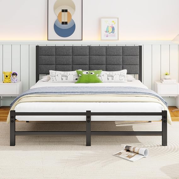 Queen Bed Frame with Headboard,Upholstered Bed Frame Queen Size,Heavy Duty Platform Bed Frame with Metal Slat Support/Queen Bed Frame No Box Spring Needed/Under Bed Storage/Easy Assembly,Grey