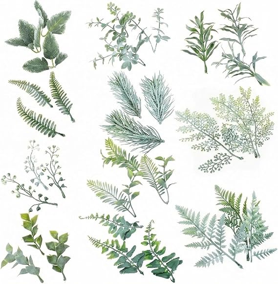 33Pcs Artificial Greenery Foliage,Fake Leaves Set with 11 Varieties,Durable Reusable Fake Foliage,Green Leaves Decoration,Realistic Artificial Leaves for Bouquets Wedding & Party Decor DIY Garland,Arr