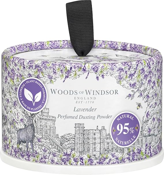 Woods of Windsor Lavender Odour Control Dusting Powder with Body Puff 100g | Floral Body Talcum Powder, Helps Reduce Chafing, 95% Naturally Derived Ingredients, Vegan and Cruelty Free