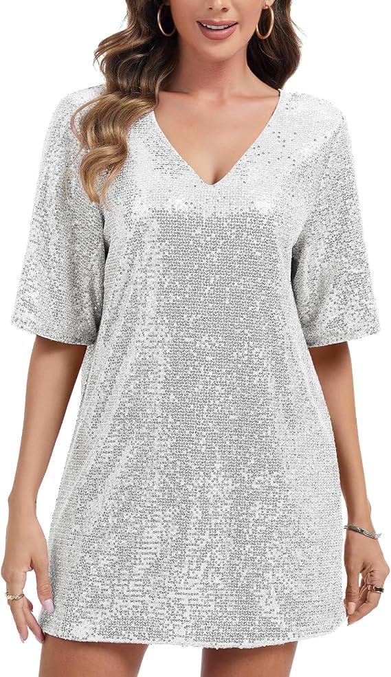 Women's Sequin Sparkly V Neck Mini Dress Half Sleeve Cocktail Party Shift
