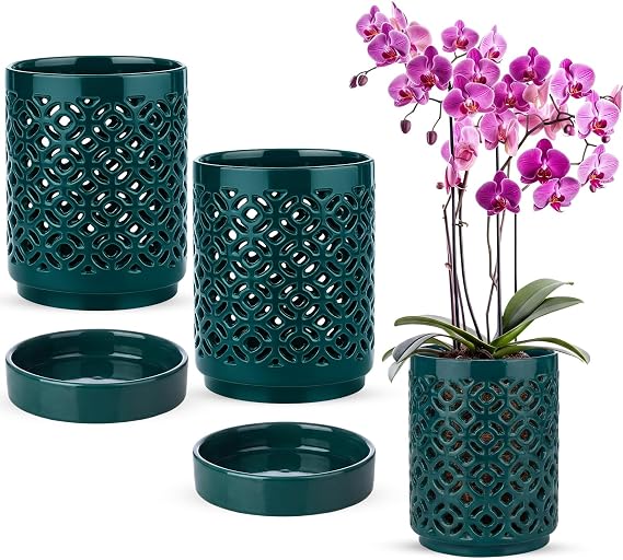 2 Pack 4 Inch Orchid Pots with Holes and Saucers, Ceramic Orchid Pot for Repotting, Flower Planter Pot Indoor Outdoor, Breathable Slotted Orchids Planter Gifts for Moms (Green)
