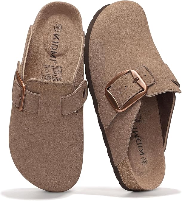 KIDMI Genuine Suede Clogs for Women Men Big Buckle Memory Foam Potato Shoes