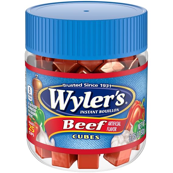Wyler's Beef Instant Bouillon Cubes (3.25 oz Jar) | 5 Calories per Serving, Used for Soups or Simmer with Chicken, Full Chicken Beef Without the Wait