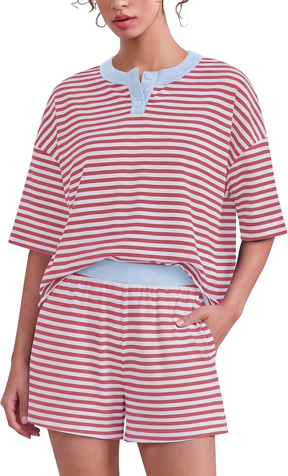 Meladyan Womens Stripes Henley T-Shirts 2 Piece Sets Boxy Tees Shorts Set