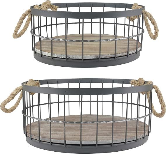 Stonebriar 2pc Round Stackable Metal Wire and Wood Basket Set with Rope Handles, Rustic Decor for Home Storage, Decorative Serving Baskets for Weddings, Birthdays, and Holiday Parties