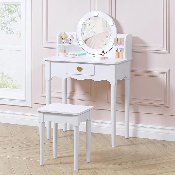 UTEX Kids Vanity Set with Light and Golden Heart Drawer for Little Girls | Wooden Toddler Vanity, kids Vanity Table and Chair Set, Scalloped Molding, Water-based Paint, Modern French Style