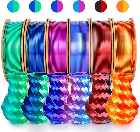 Silk PLA+ 3D Printing Filament Dual Color 250g, 6 Packs, 1.75mm