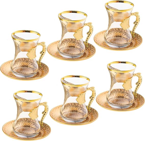 Turkish 4.22 oz Tea Glass Set of 6 | Turkish Tea Glasses with Holders | Turkish Tea Glasses with Saucers | Turkish Tea Cups | Tea glasses with Handmade Metal Holders and Saucers (Gold Traditional)