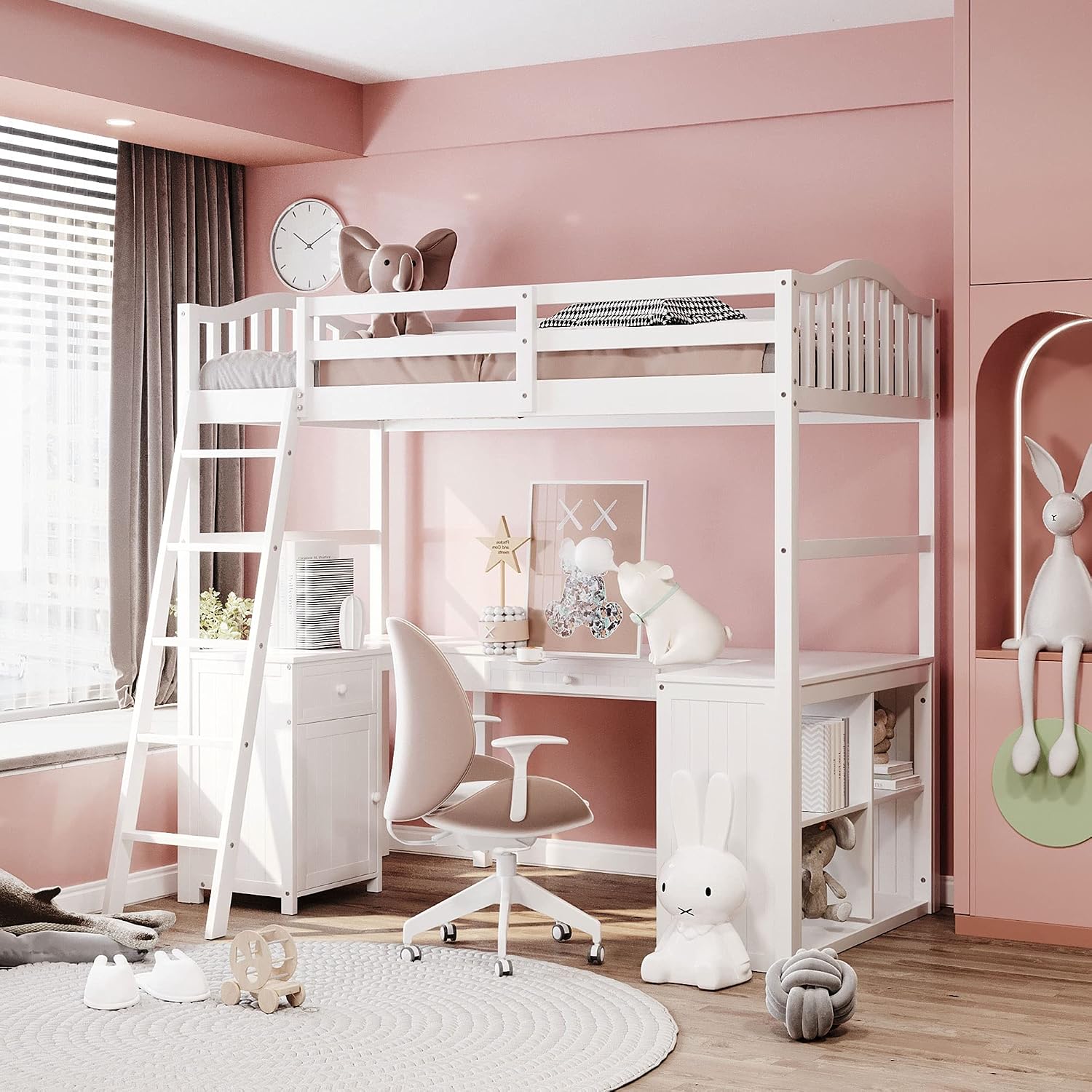 Twin Size Loft Bed with Drawer and Cabinet, Wood Kids Loft Bed with Desk and Storage, Multi-Functional Bedframe with Ladder  Length Guardrails White
