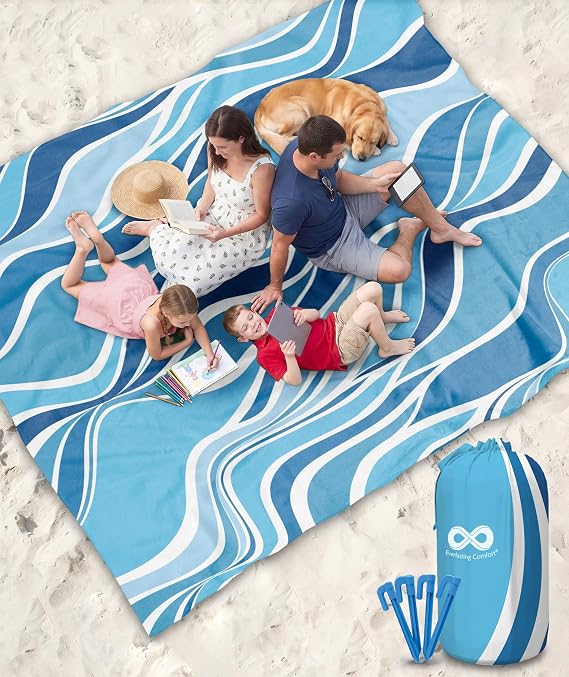 Everlasting Comfort Large Beach Blanket Waterproof & Sandproof - 128 x 108 /10.7ft x 9ft - Lightweight Picnic Mat, Camping Necessities for 10 People - Accessories for Outdoor Festivals - Blue