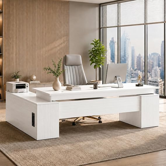 L-shaped Executive Desk with Storage Cabinet and 3 Drawers Cable Management CPU Compartment and Shelves Modern Corner Desk for Office and Home Office