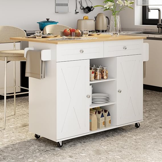 360Rolling Kitchen Island on Wheels, Swivel Table, Storage Cabinet, Drawers & Shelves, Modern Storage Cart with Storage, Farmhouse Wood Island Table for Kitchen, Dining Room, Home Bar (White)