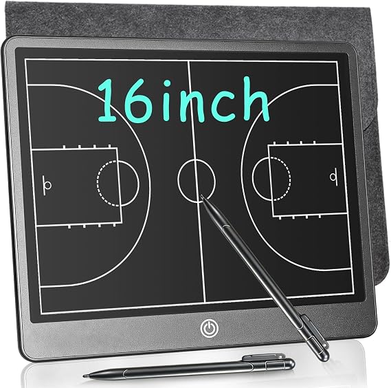 Electronic Basketball Coaching Board - 16 inch LCD Basketball Tactics Board with 2 Stylus Pen, Basketball Coach Essentials, 2 Elastic Lanyard Tether, Carry Bag, Basketball Coach Gift