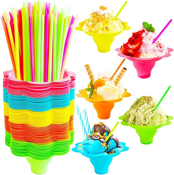 200Pcs 4oz Snow Cone Cups with Spoon Straws,Flower Shaped Ice Cream Cup