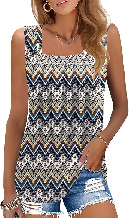 AKEWEI Summer Tank Top for Women Square Neck Sleeveless Tops Flowy Pleated Tunic Loose Fit S-3XL