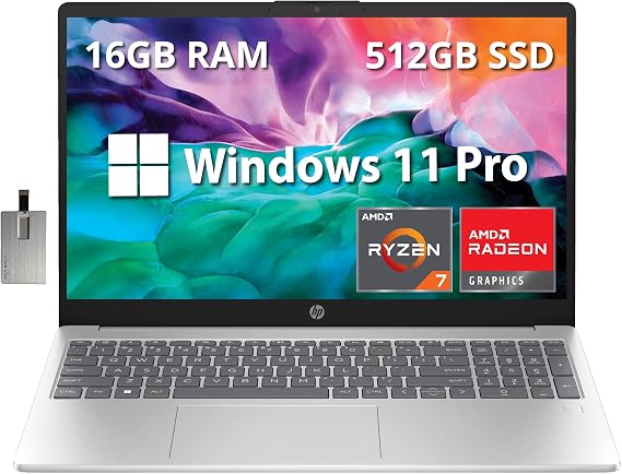 HP 15.6" Full HD Business Laptop, AMD Ryzen 5 7520U Processor, 16GB RAM, 512GB SSD, AMD Radeon Graphics, Bluetooth, Wi-Fi, Win11 Pro, Silver, 32GB Hotface USB Card