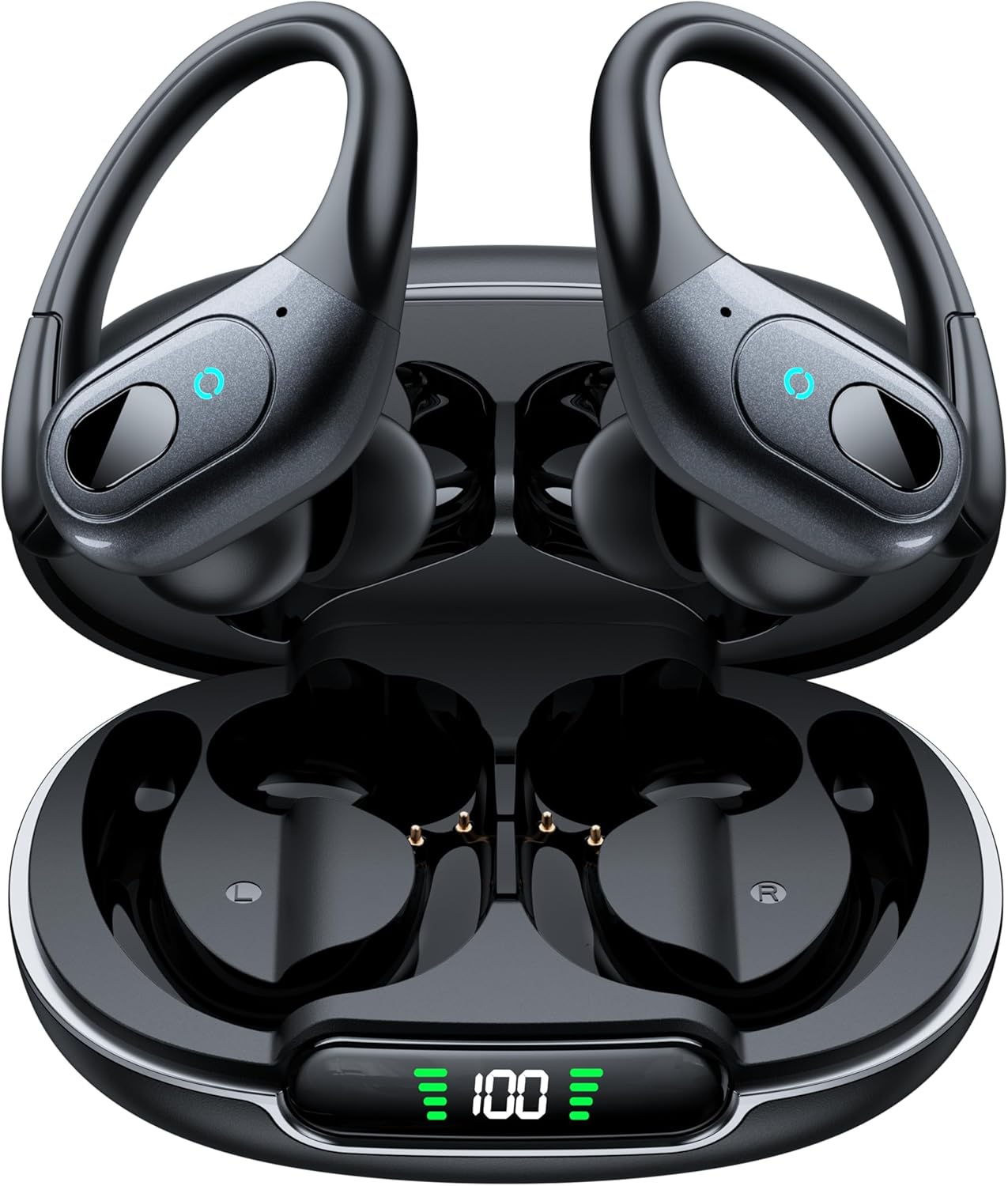 occiam Wireless Earbuds Bluetooth 5.3 Sport Headphones with LED Charging Case, 90H Playback Sweatproof Over Ear Running Ear Buds with Earhooks Workout Earphones for iOS Android,Black