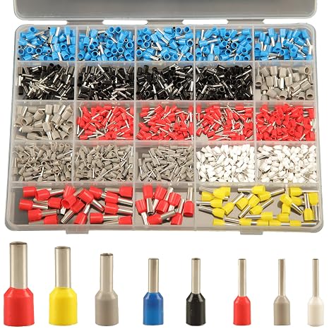 1200pcs Wire Ferrules Terminals Kit, 8 types Ferrule Connectors Kit AWG 22-7, Pin Terminal Connectors Wire ferrule Assortment Kit, Wire Copper Crimp connector Insulated Ferrule Pin Cord End Terminal