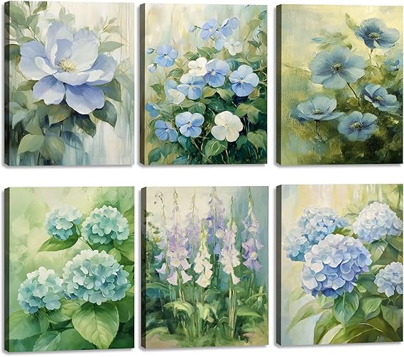 KAIRNE Blue Hydrangea Floral Oil Painting Style Canvas Wall Art 8x10inch x6