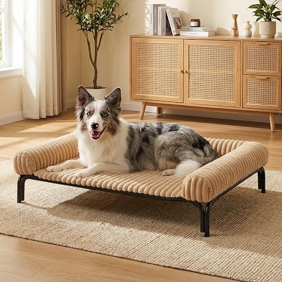 Elevated Dog Bed with Removable Fluffy Pillow Cushion, Raised Pet Cot Washable Bolster, Dog Couch Sofa, Anti Slip Feet, Breathable Mesh, Khaki, 49"×36"