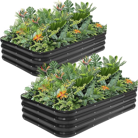 Raised Garden Bed Kit | 4-in-1 Adjustable Galvanized Planter Boxes for Vegetables, Flowers | 12" Tall, Multiple Sizes (5x3x1ft, 4x4x1ft, 6x2x1ft, 7x1x1ft) | Outdoor Metal Raised Bed, Grey-2Pack