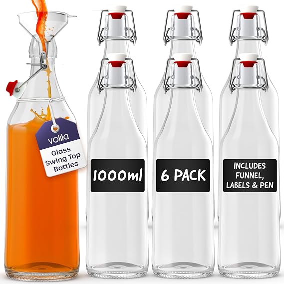 volila 1L Flip Top Bottles with Stoppers - 1000ml Clear Swing Top Bottles for Homebrewing and Beverages - with Leak Proof Caps, Labels, Pen and Funnel (6 Pack)