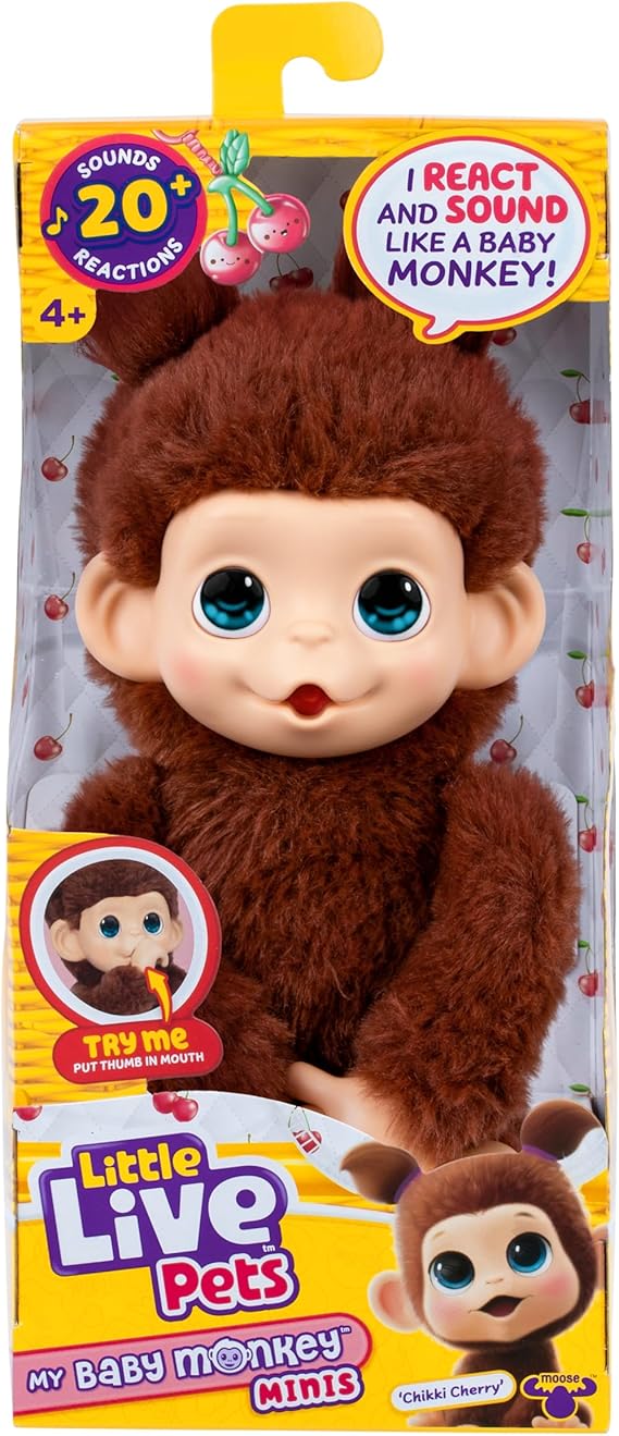 Little Live Pets Baby Monkey Minis Chikki Cherry, Interactive Pet | 20+ sounds & reactions, soft dark brown fur, 7.4in tall, feed & nurture; collect all 3, boys & girls toys