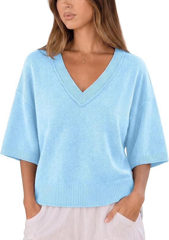 FAlABLE Womens Short Sleeve Sweater Cropped V Neck Sweaters Oversized Summer Knit Top Trendy Pullover Lightweight Casual