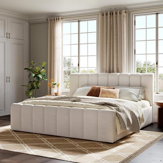 Merax King Upholstered Bed with Thick Headboard and Footboard, Beige