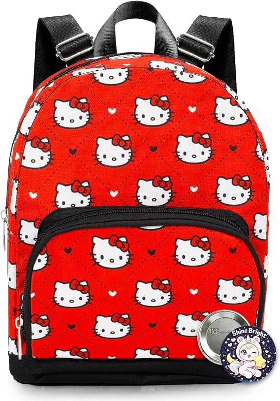 Fast Forward New York Hello Kitty Mini Backpack - 10" Iconic Woven Small Backpack with Front Pocket and Button Bundle | Adjusts to Fit Kids, Toddlers, Teens, Women, Girls