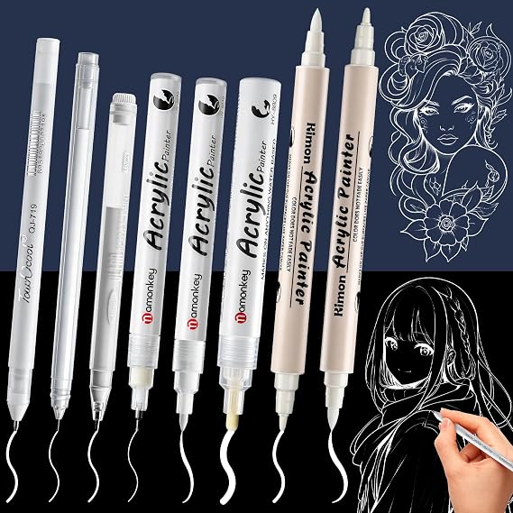 White Gel Pen, 7PCS White Ink Pens for Artists, 0.5mm/0.6/0.7/0.8/1/2.0/BR Soft Tip, Acrylic Gel Pens for Art, Highlight Rollerball Pen for Black Paper, Sketching, Scrapbook, Journaling, Drawing