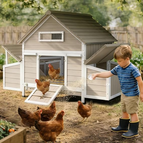 Ketive 61.1"L Large Chicken Coop for 2-4 Hens, Curved Roof, 6 Nesting Boxes