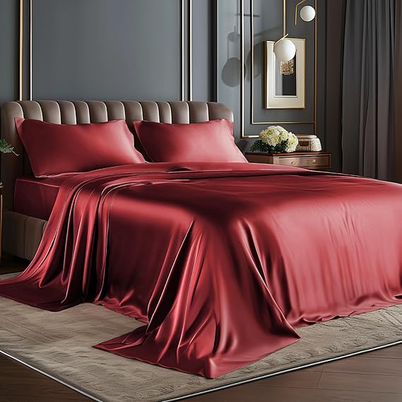 BEDELITE Satin Sheets Twin Size Bed Set, Burgundy, 3 Pieces