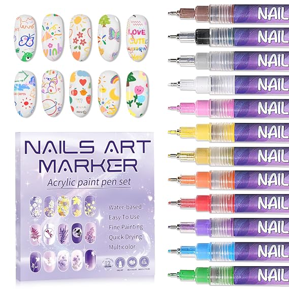 IONSGAKO 12 Colors Nail Art Markers Pens Set, 3D Nail Polish Pens 0.5mm