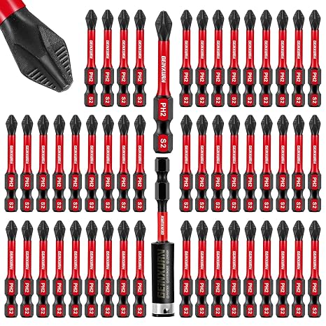 Geinxurn 51Pack PH2 2 Inches Impact Tough Anti-Slip Screwdriver Bits, #2 Phillips 1/4 Inch Hex Shank Magnetic Tips Cross Screwdriver Bits Set with 1Pcs Impact Bit Holder,Bulk