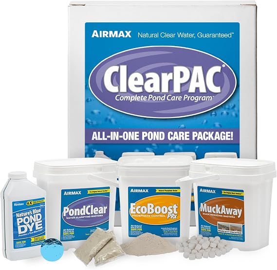 Airmax ClearPAC Plus Complete Pond Maintenance Kit Water Treatment 1/4 Acre | Natural treatment with live microbe sludge & muck reducer, phosphate control and pond dye for cleaner water