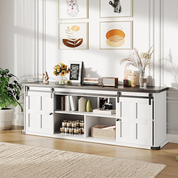 GAOMON 70" Farmhouse TV Stand for 80/75/70 Inch TVs,Entertainment Center Storage Cabinets w/Power Outlets and Sliding Barn Door,Rustic TV Stands for Living Room,Media Console Cabinet (White+Black)