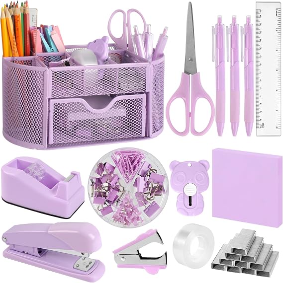 Purple Office Supplies for Desk,14pcs Desk Sets and Accessories, Office Supply Kit with Mesh Desktop Organizer and Stapler,Staple Remover, Staples,Tape Dispenser,Sticky Tabs,Scissors, Ruler