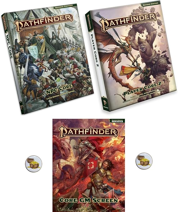 Pathfinder Remastered Second Edition NPC Core, Player Core 2 and Core GM Screen and Two Treasure Chest Buttons