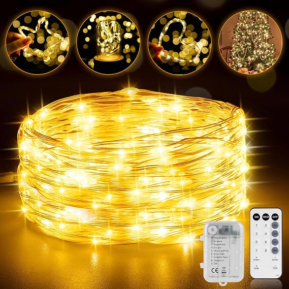 StarryEver 33FT 200 LED Fairy Lights Battery Operated with Timer & Remote, 8 Modes Dimmable Twinkle Lights, Waterproof Warm White Fairy String Lights for Outdoor Patio Wedding Mason Bedroom Classroom