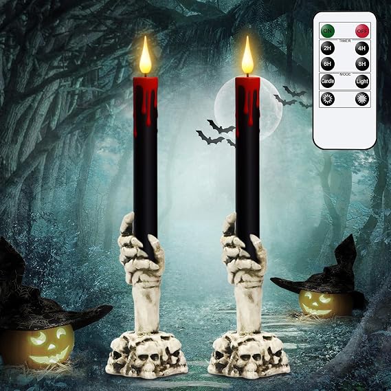 Black Halloween Flameless Taper Candles Flickering Remote Timer