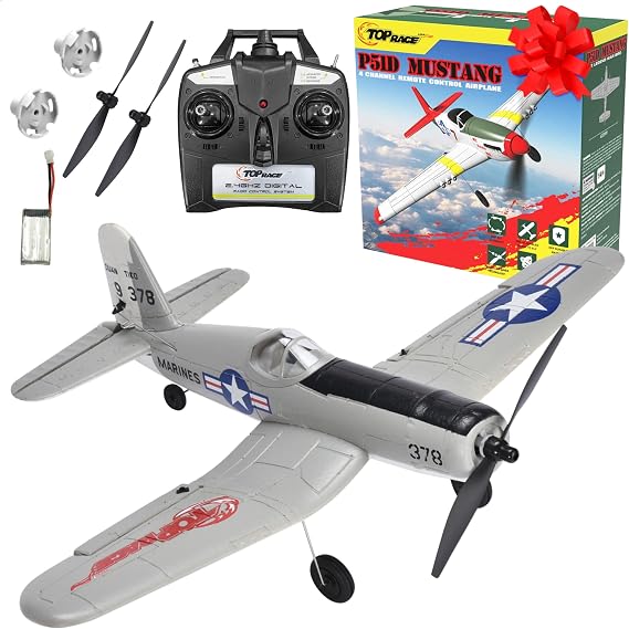 Top Race Remote Control Airplane - Ready to Fly 4 Channel RC Plane for Adults - Advanced Foam Construction - Remote Controlled War Cessna P51 Mustang Upgraded with Propeller Saver - 4.3"x15.7"x11.8"