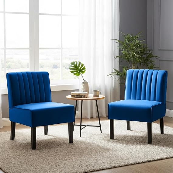 Container Furniture Direct Reeso Mid Century Modern Accent Chairs Set of 2 with Minimalist Design, Elegant Velvet Upholstery and Solid Wood Legs, Ideal for Living Room or Bedroom, Cobalt Blue